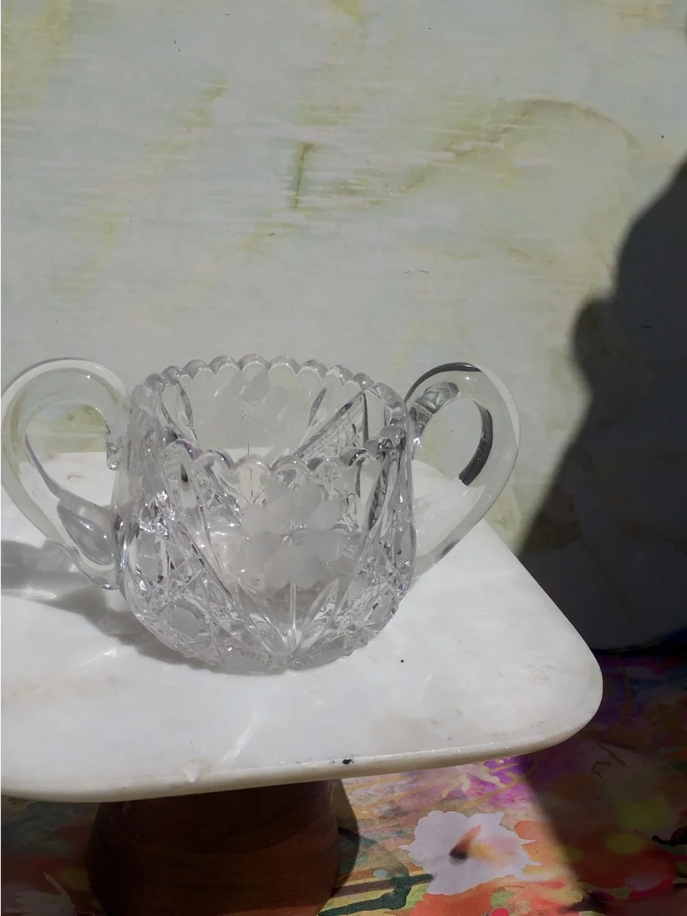 Vintage Mid-century  Early American  Pressed Glass Etched    Floral Sugar Bowl